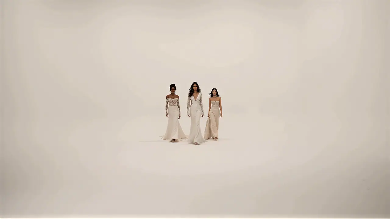 Three brides in ivory gowns walking together toward the camera